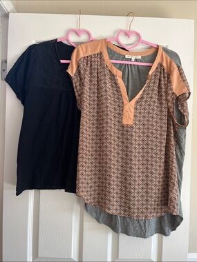 Bundle women’s tops: Peach Patterned V-Neck Tunic and Black embroidered neck tee